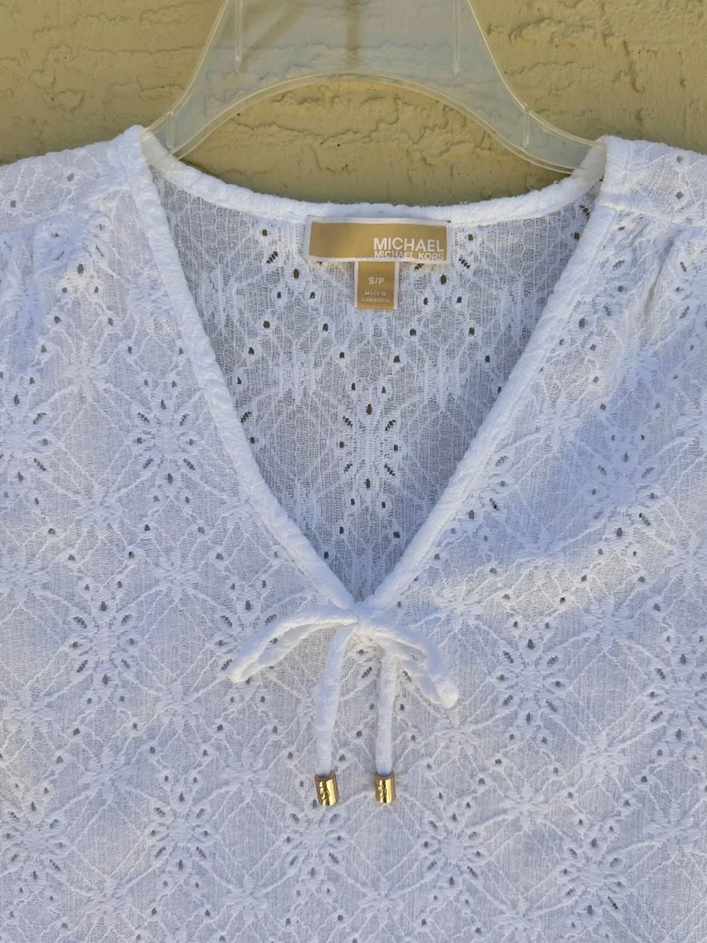 Michael Kors White Cotton Eyelit Tie-Front Blouse, Size SP
